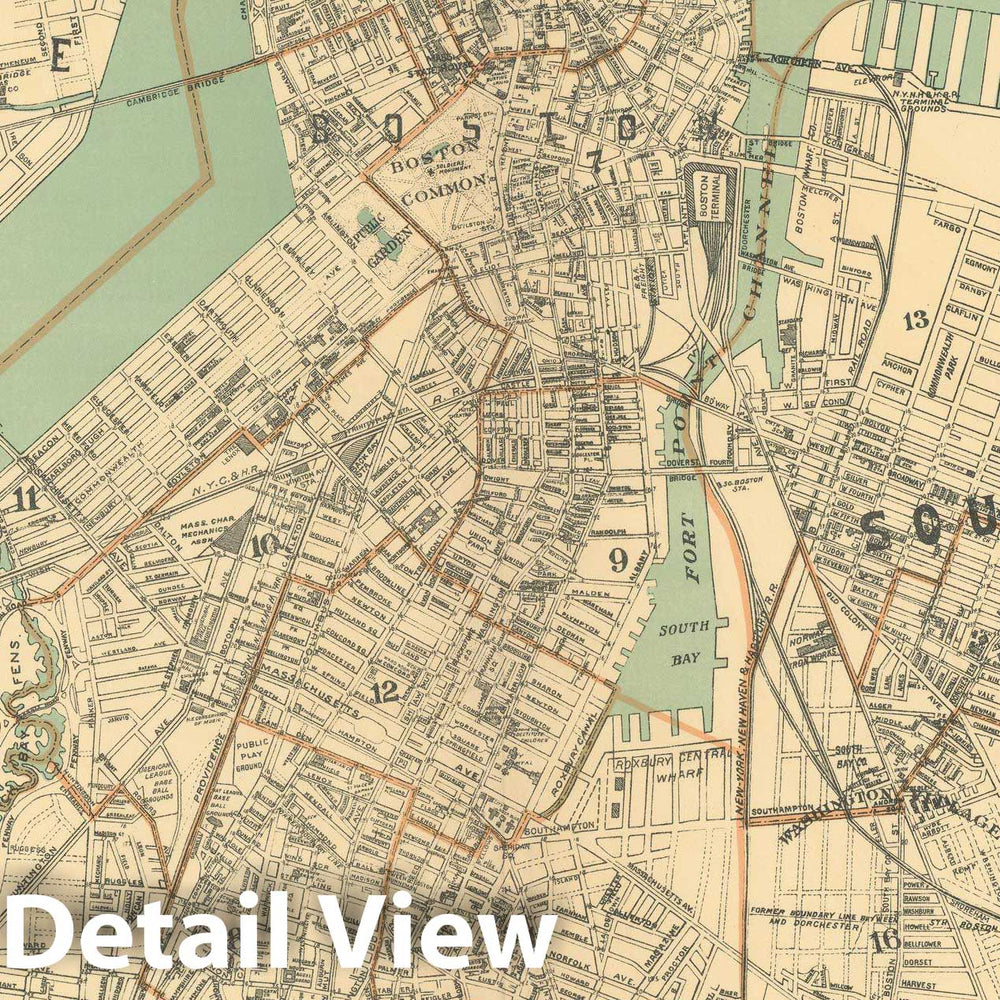 Historic Map : Atlas of Massachusetts, Boston & Brookline & Cambridge & Dorchester & Roxbury & South Boston 1904 , Vintage Wall Art