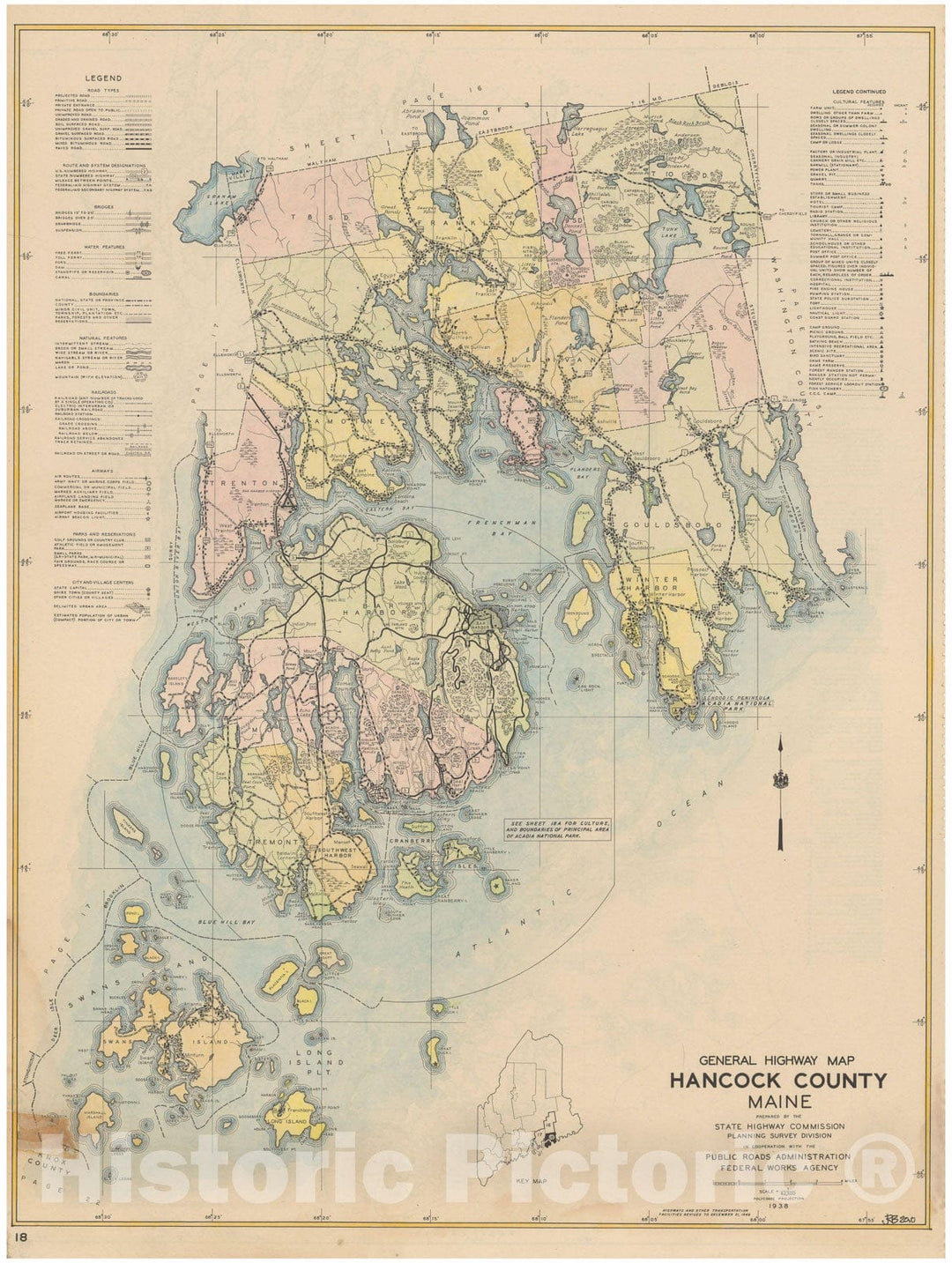 Historic Map : Maine General Highway County Maps, Hancock 1938 Plate 018 , v2, Vintage Wall Art
