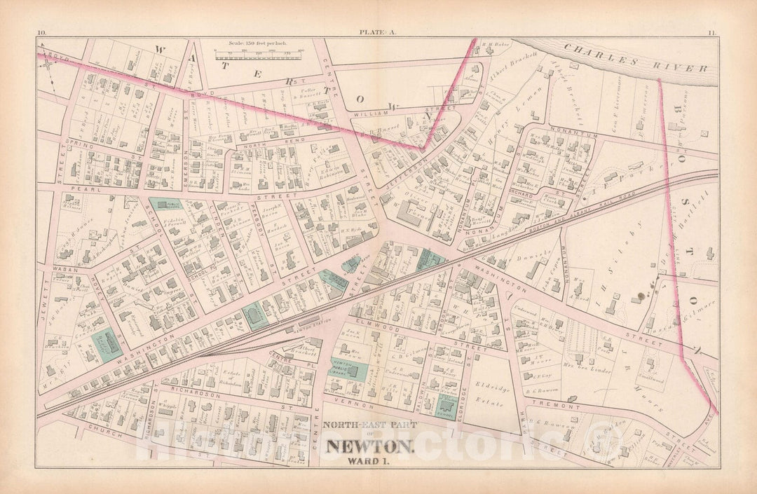Historic Map : City of Newton, Middlesex County, Newton 1874 Plate A , Vintage Wall Art
