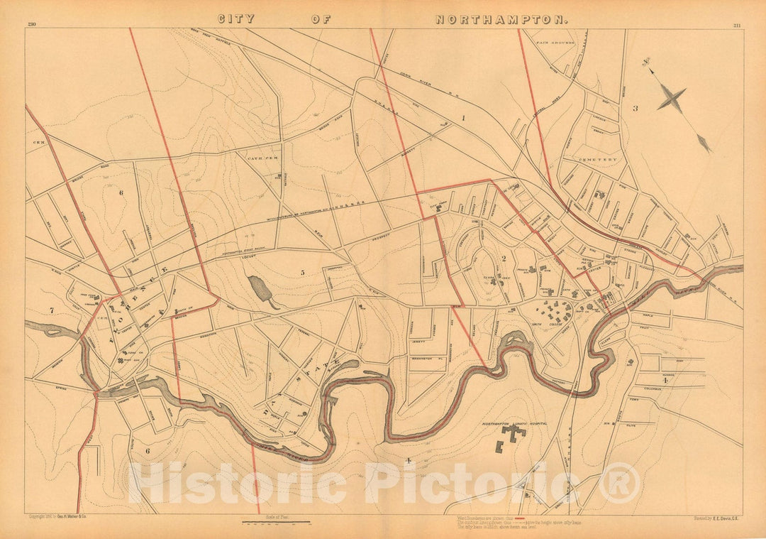 Historic Map : Atlas of Massachusetts, Northampton 1891 , Vintage Wall Art