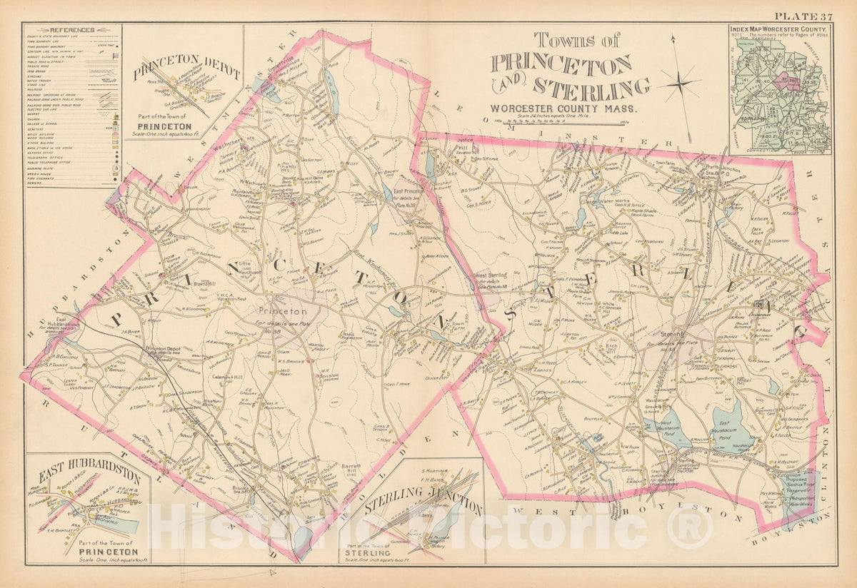 Historic Map : New Topo Atlas County of Worcester, Princeton & Sterling 1898 Plate 037 , Vintage Wall Art