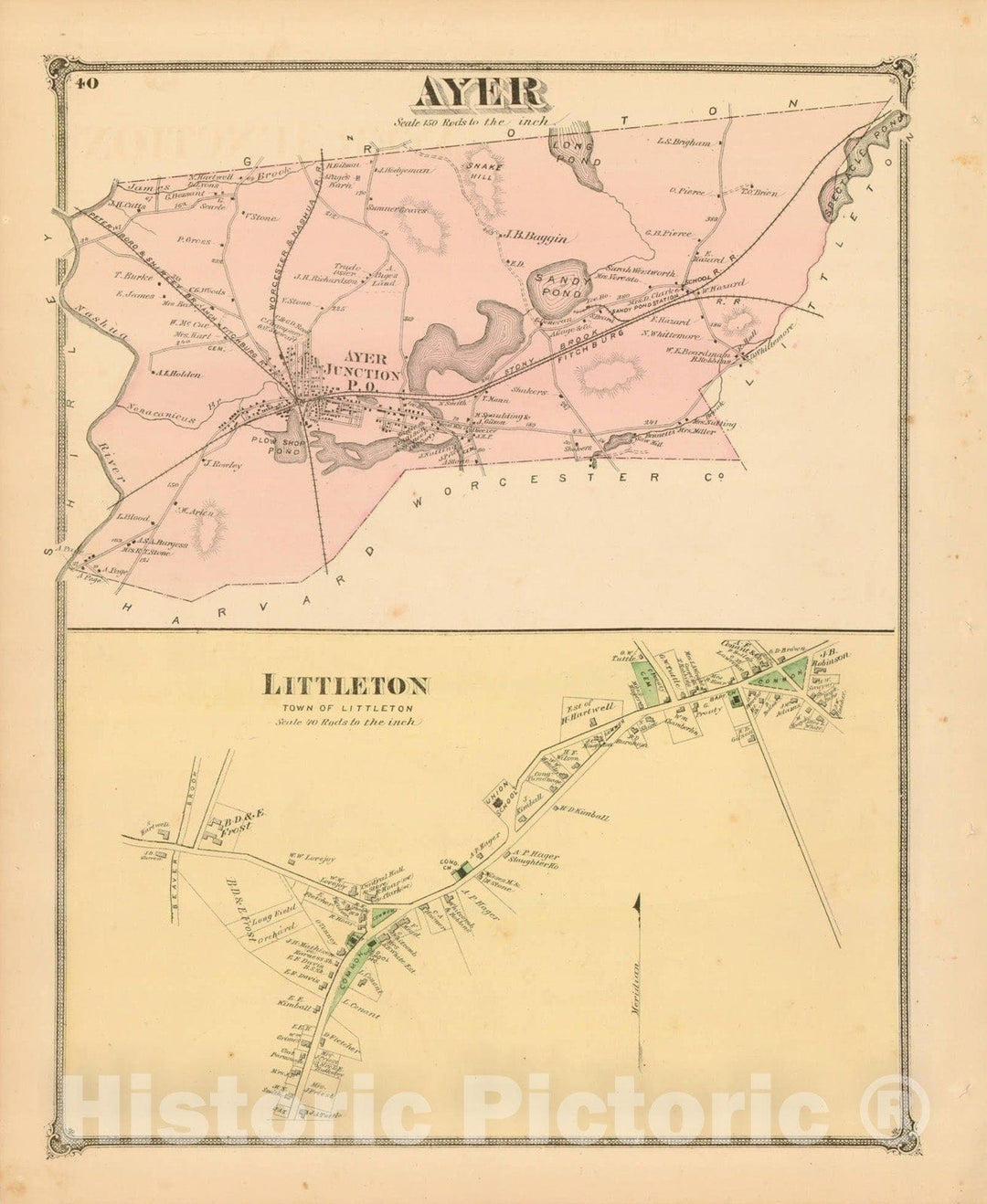 Historic Map : County Atlas of Middlesex Massachusetts, Ayer & Littleton 1875 , Vintage Wall Art
