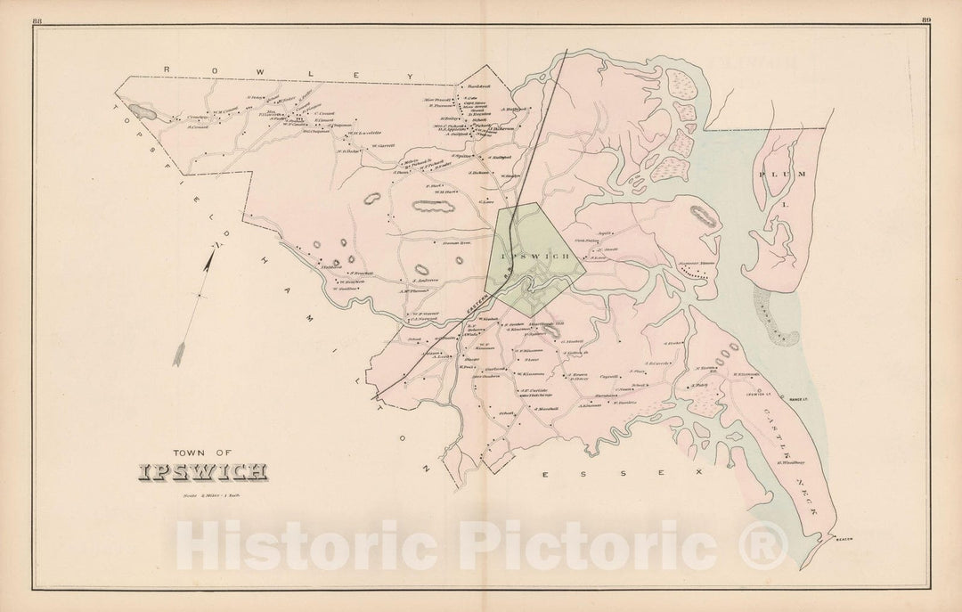 Historic Map : Atlas of Essex County, Ipswich 1884 , v2, Vintage Wall Art