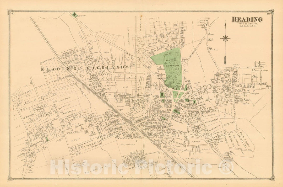 Historic Map : County Atlas of Middlesex Massachusetts, Reading 1875 , v2, Vintage Wall Art