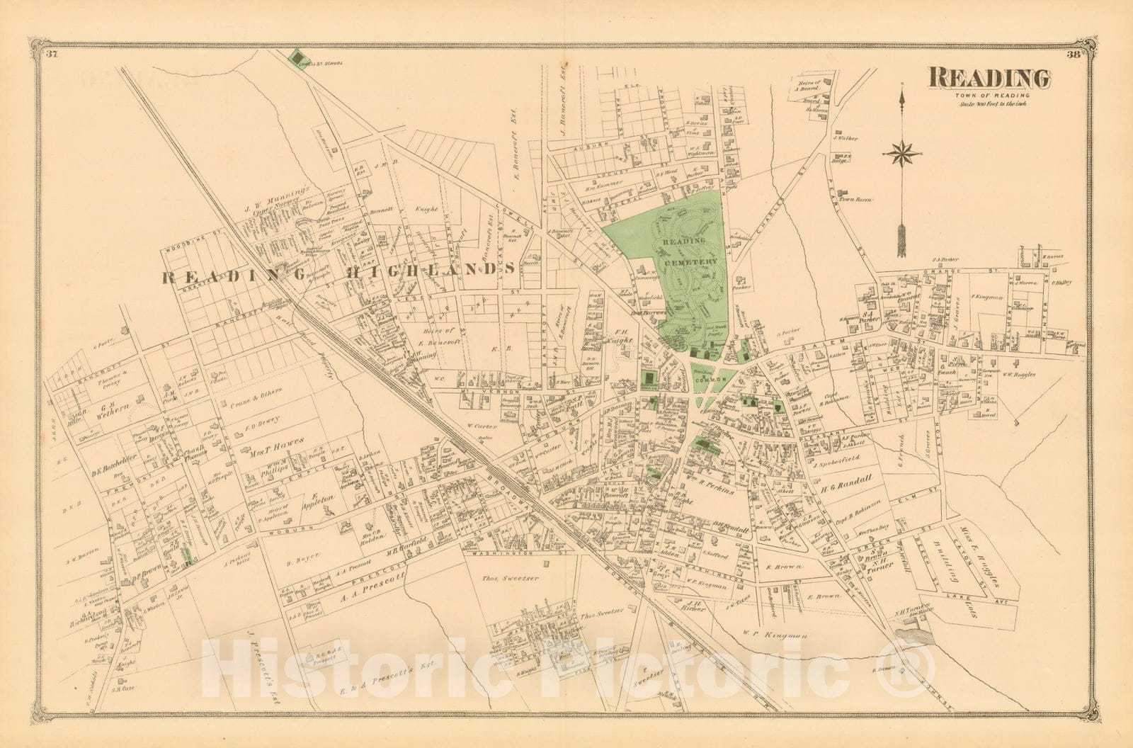 Historic Map : County Atlas of Middlesex Massachusetts, Reading 1875 , v2, Vintage Wall Art