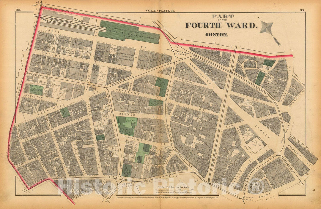 Historic Map : Atlas of County of Suffolk, MA Vol. 1 including Boston Proper, Boston 1874 Plate H , Vintage Wall Art