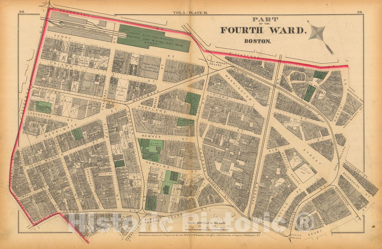 Historic Map : Atlas of County of Suffolk, MA Vol. 1 including Boston Proper, Boston 1874 Plate H , Vintage Wall Art