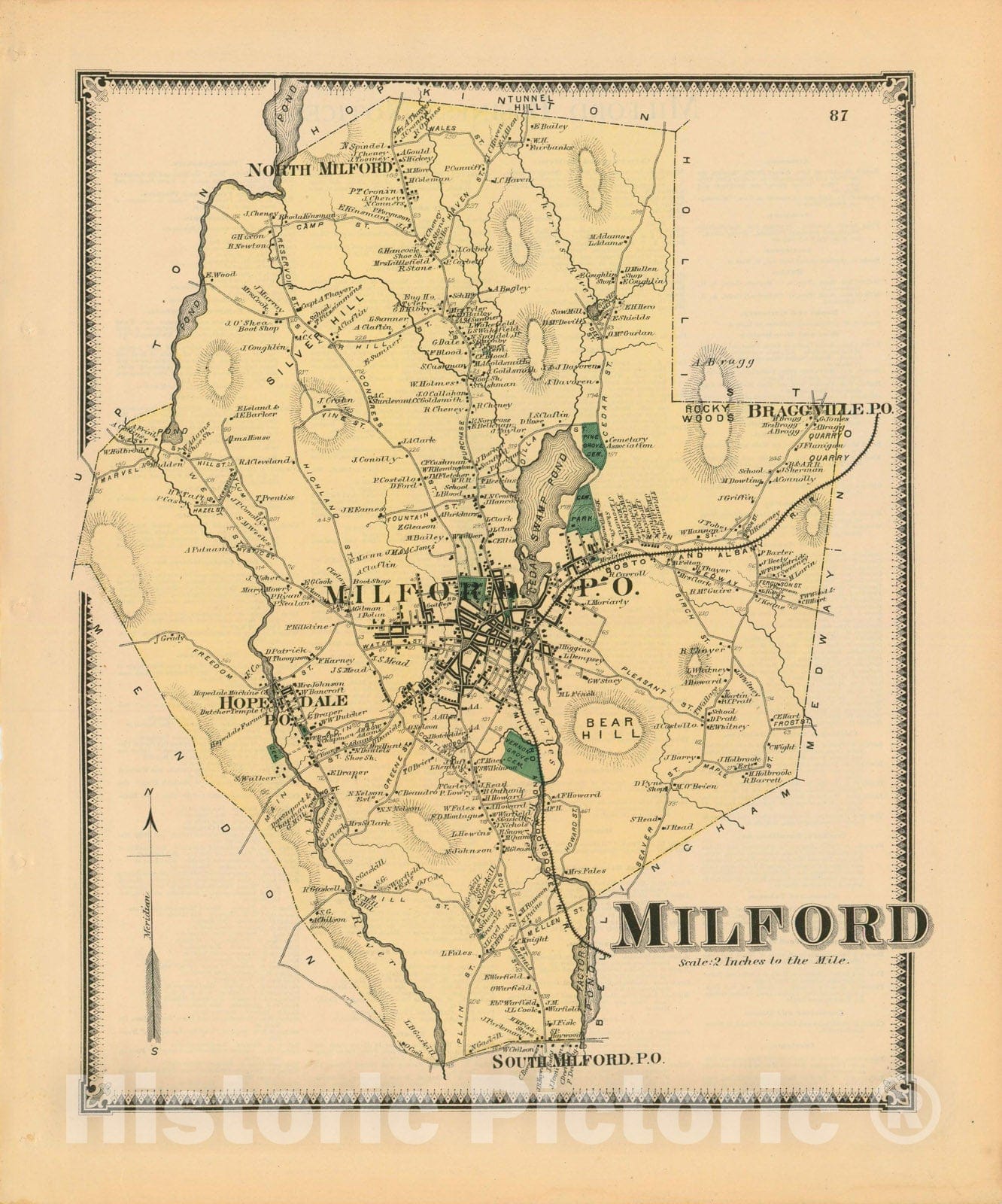 Historic Map : Atlas of Worcester County, Massachsuetts, Milford 1870 , v2, Vintage Wall Art
