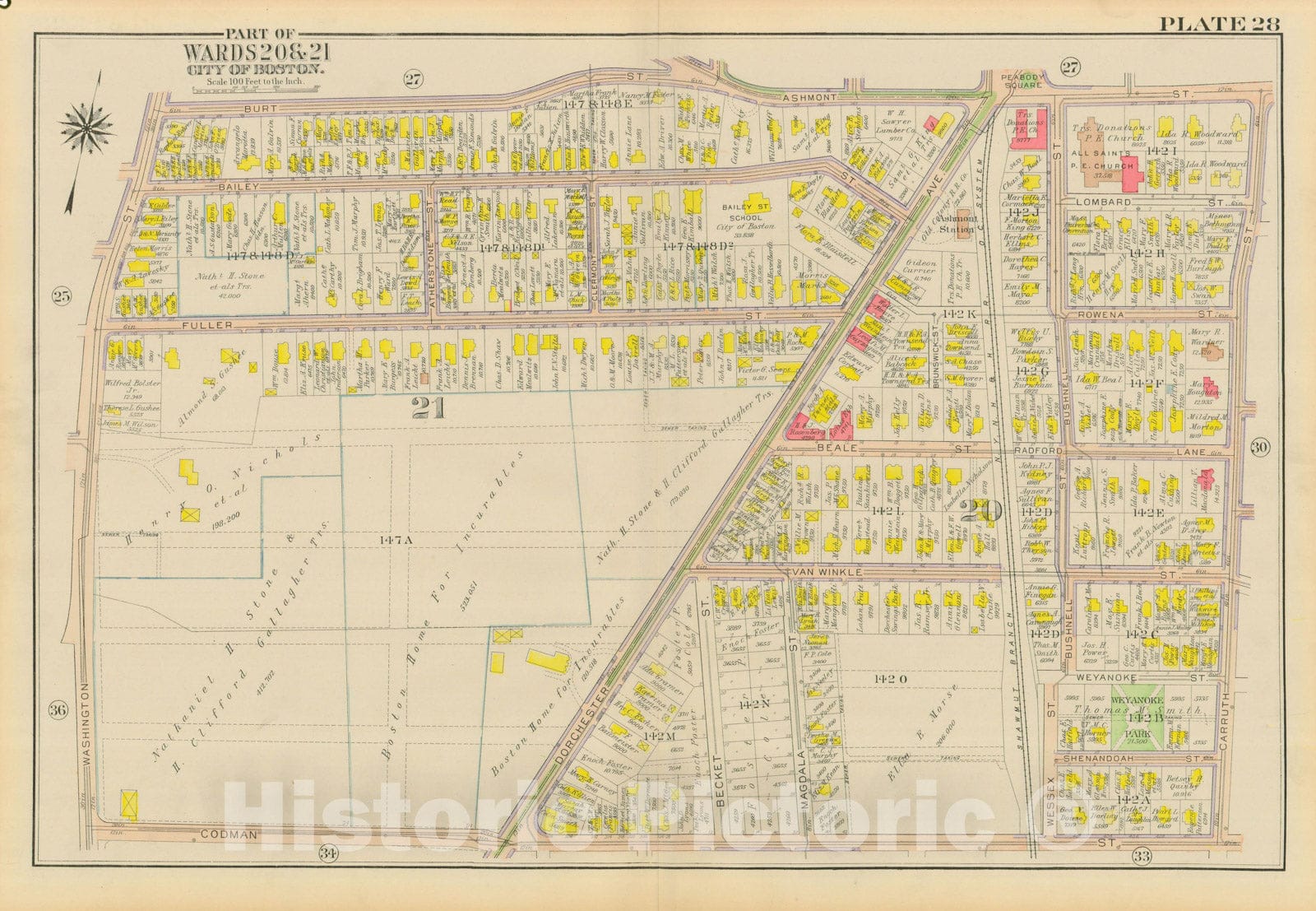 Historic Map : Atlas City of Boston, Dorchester, Dorchester 1918 Plate 028 , Vintage Wall Art