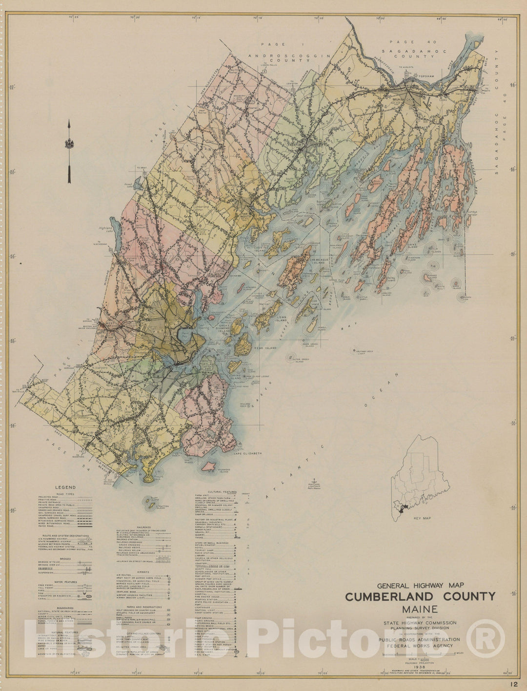 Historic Map : Maine General Highway County Maps, Cumberland 1938 Plate 012 , Vintage Wall Art