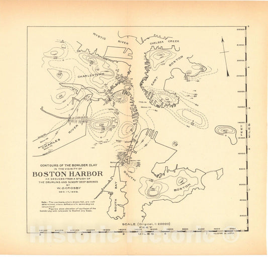 Historic Map : Contours of Bowlder Clay in Boston Harbor 1902 Charles River Dam Report , Vintage Wall Art