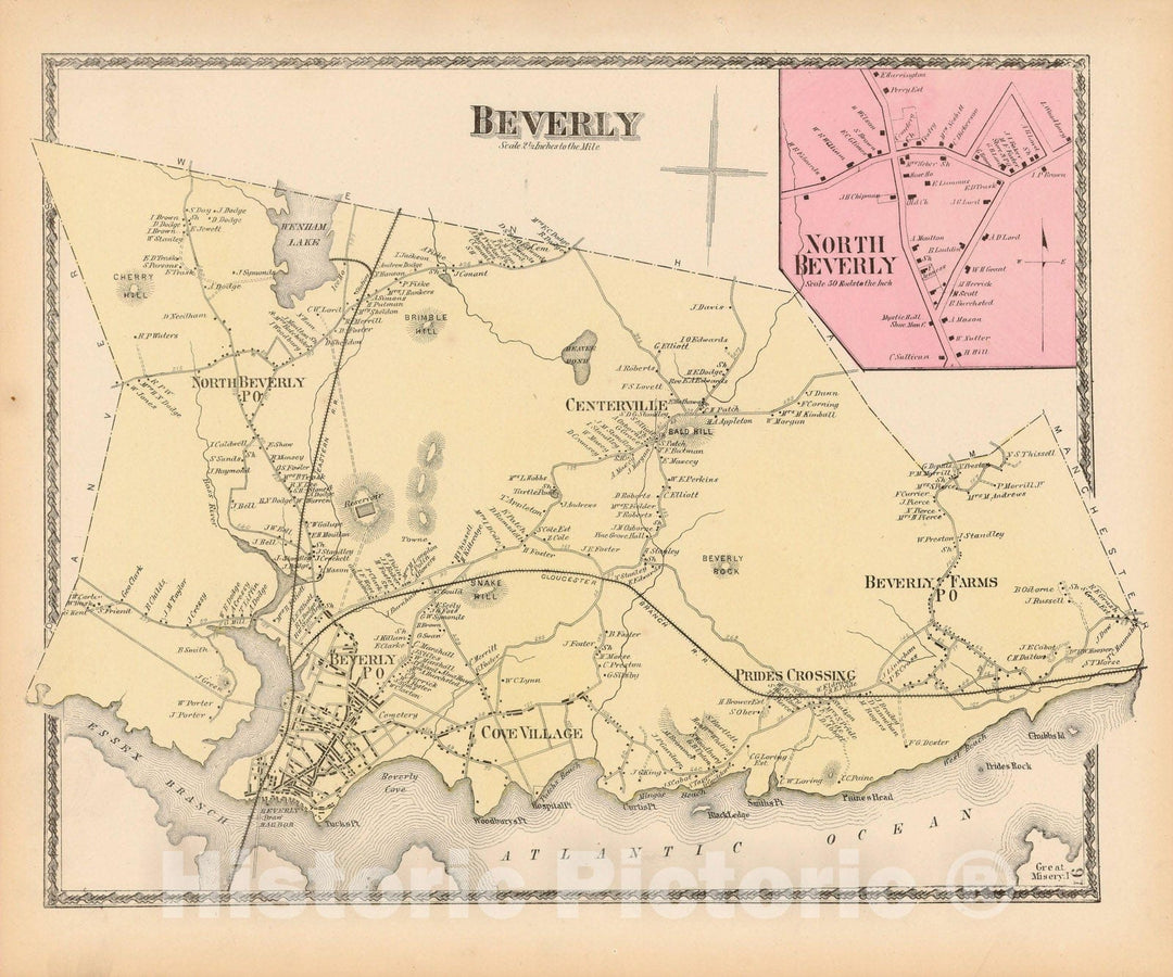 Historic Map : Atlas of Essex County Massachusetts, Beverly 1872 , v2, Vintage Wall Art