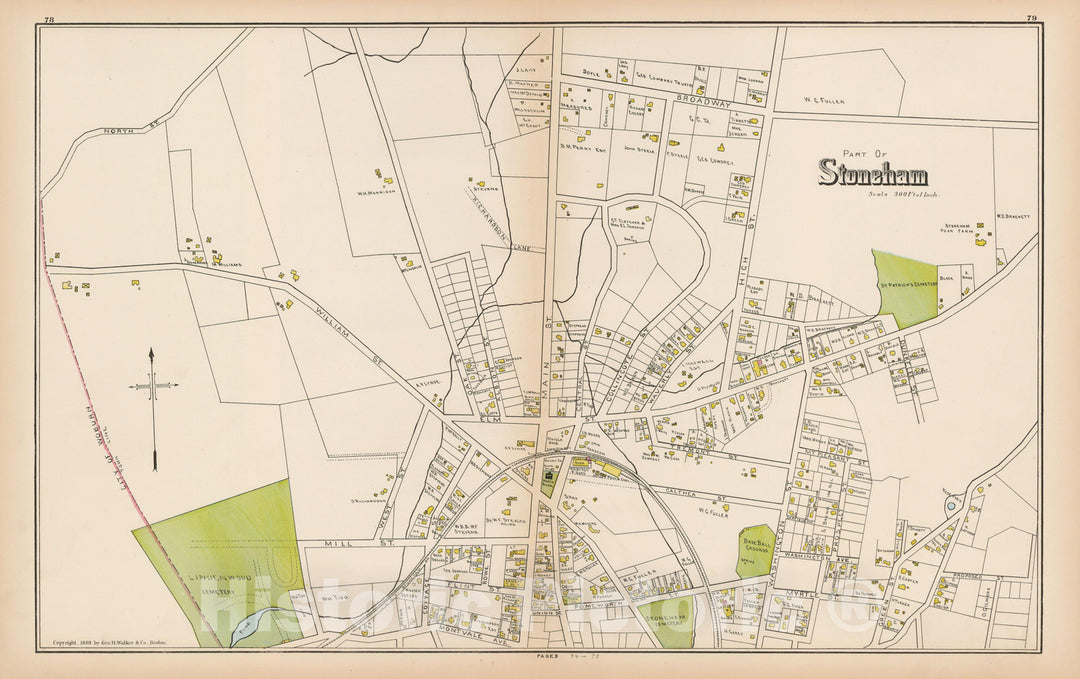 Historic Map : Atlas of Middlesex County, Massachusetts, Stoneham 1889 , Vintage Wall Art