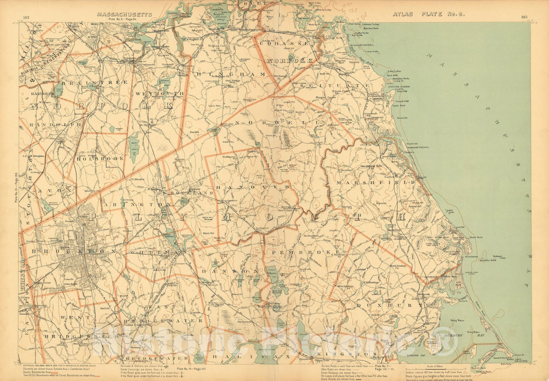 Historic Map : Atlas of Mass, Brockton & Duxbury & Hanover & Hingham & Marshfield & Norwell & Pembroke & Scituate 1904 Plate 006 , Vintage Wall Art