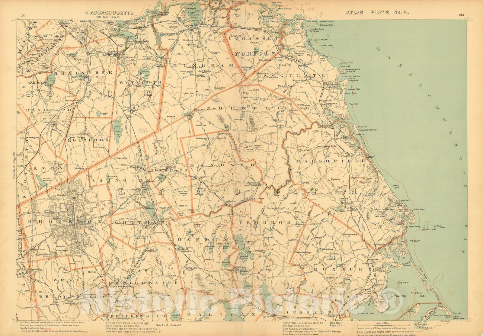 Historic Map : Atlas of Mass, Brockton & Duxbury & Hanover & Hingham & Marshfield & Norwell & Pembroke & Scituate 1904 Plate 006 , Vintage Wall Art