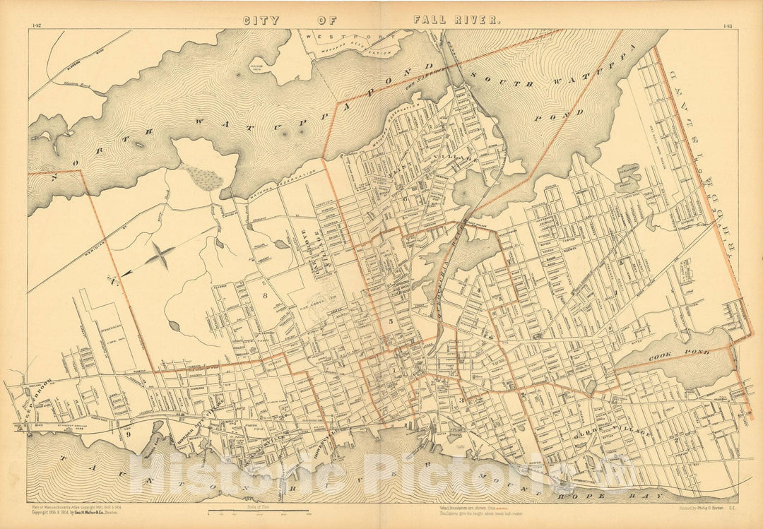 Historic Map : Atlas of Massachusetts, Fall River 1904 , Vintage Wall Art