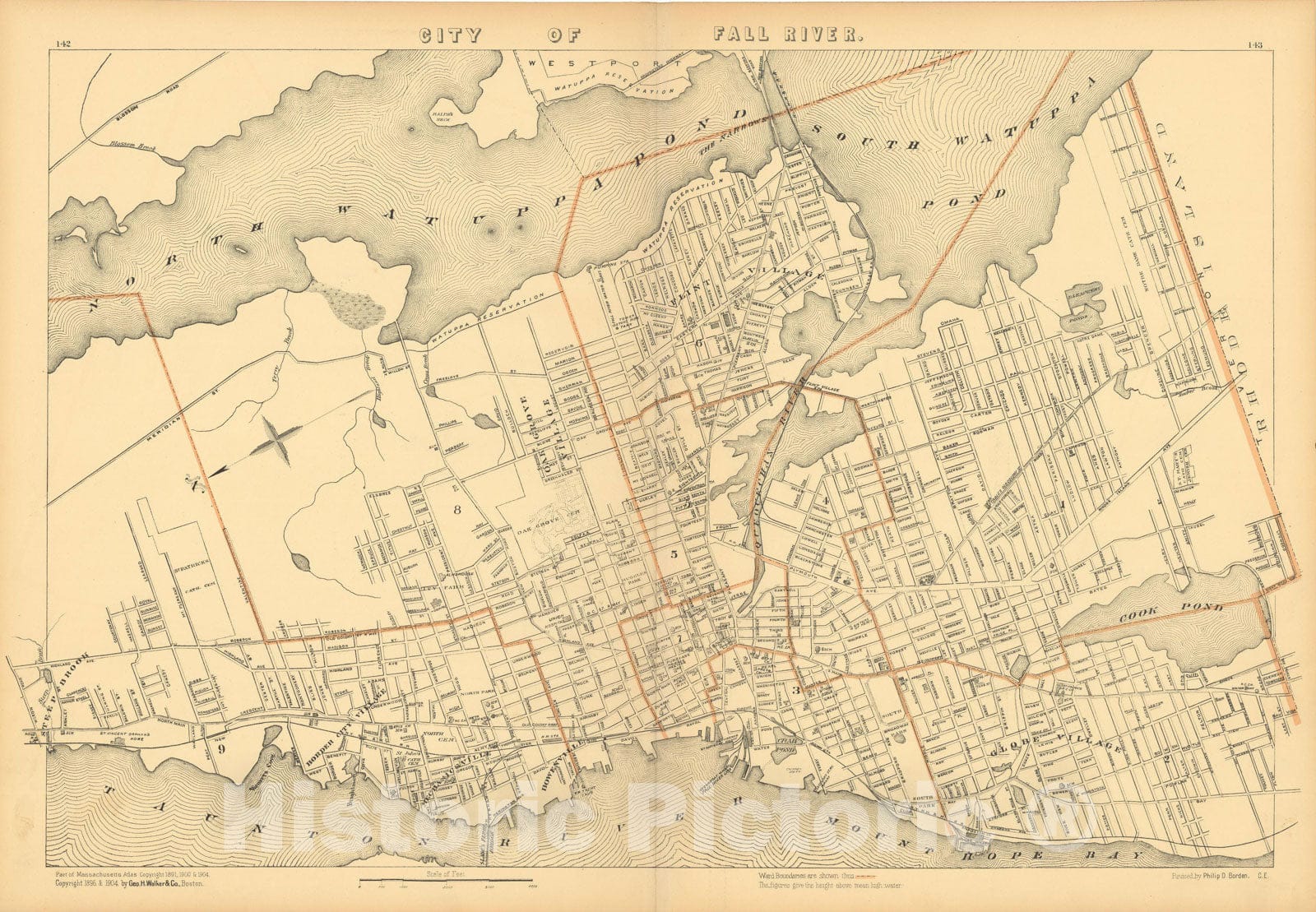 Historic Map : Atlas of Massachusetts, Fall River 1904 , Vintage Wall Art