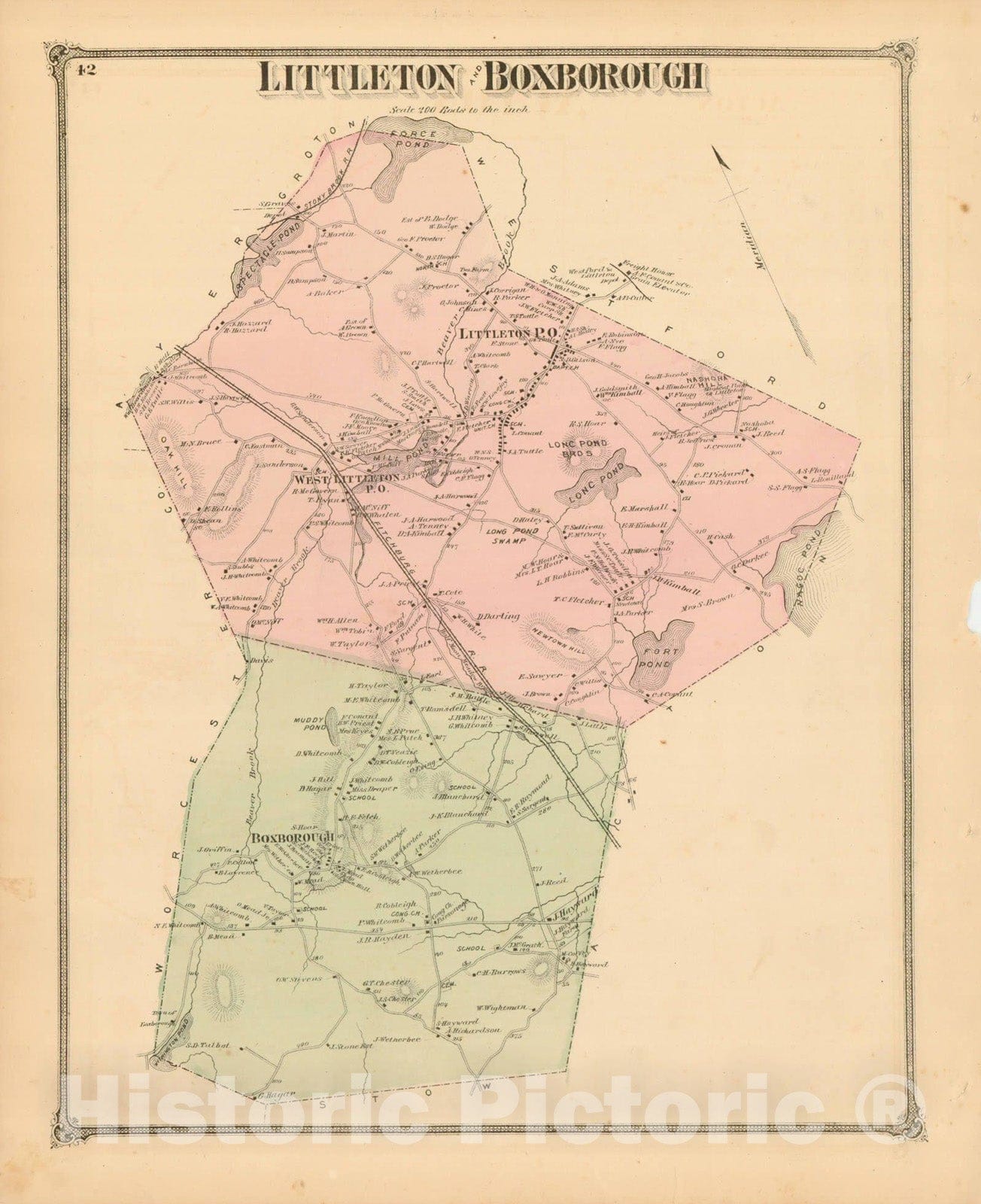Historic Map : County Atlas of Middlesex Massachusetts, Boxborough & Littleton 1875 , Vintage Wall Art