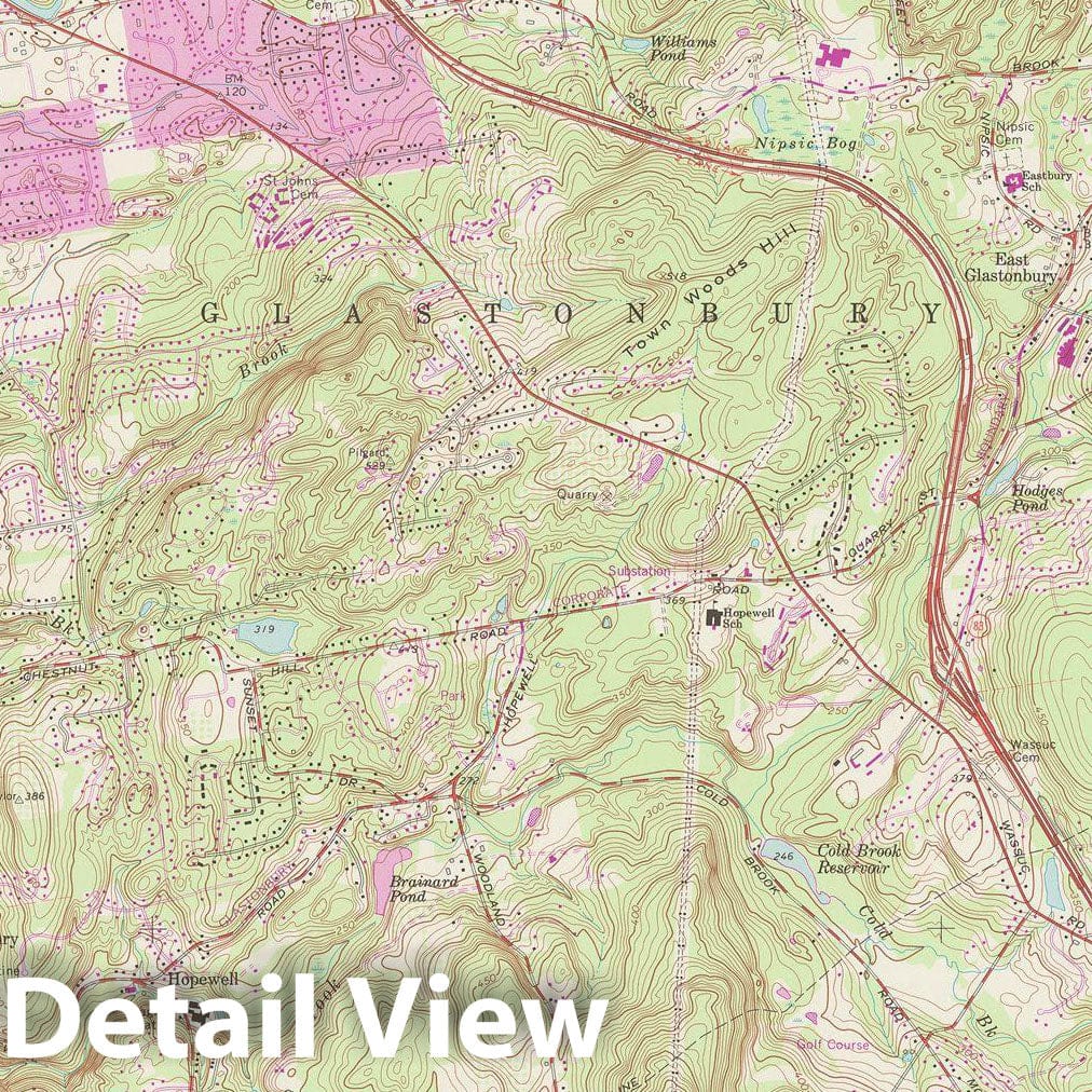 Historic Map : USGS 7.5 Minute Sheets and Quadrangles, Glastonbury 1992 Topographic Map , Vintage Wall Art