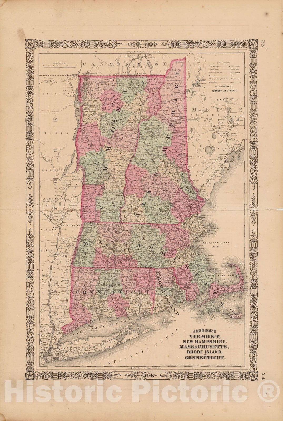 Historic Map : Connecticut & Massachusetts & New Hampshire & Rhode Island & Vermont 1865 , Johnson's Family Atlas , Vintage Wall Art