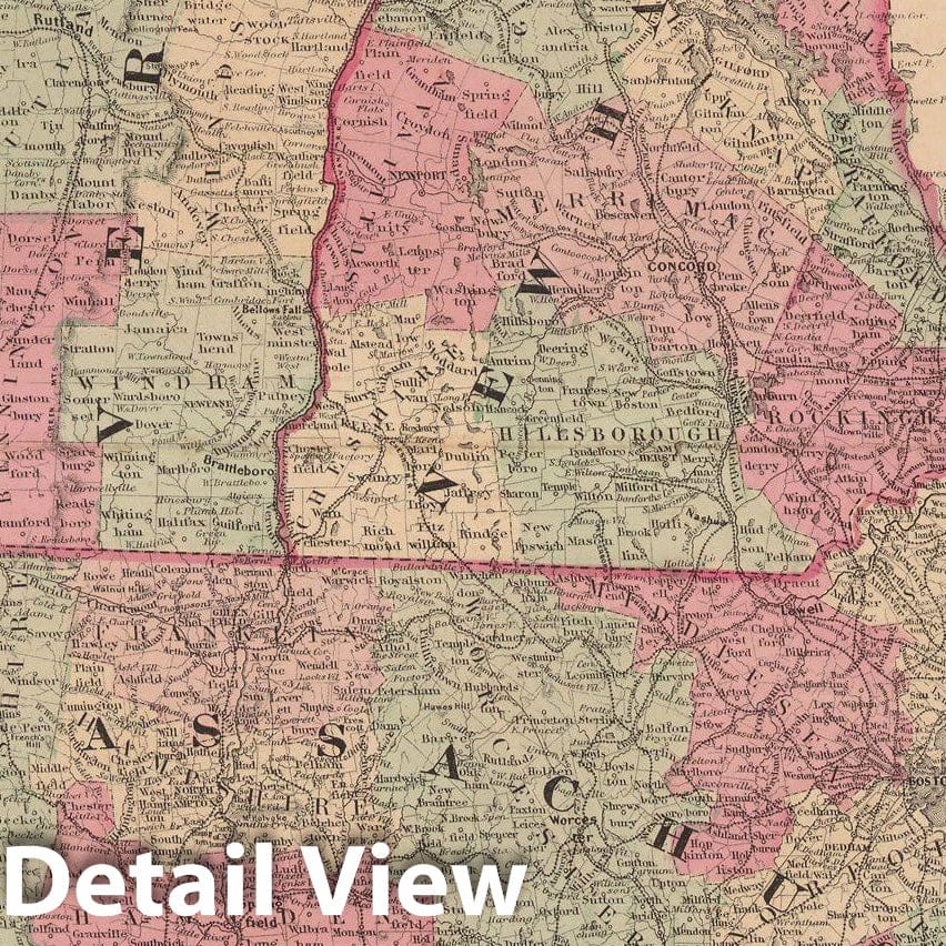 Historic Map : Connecticut & Massachusetts & New Hampshire & Rhode Island & Vermont 1865 , Johnson's Family Atlas , Vintage Wall Art