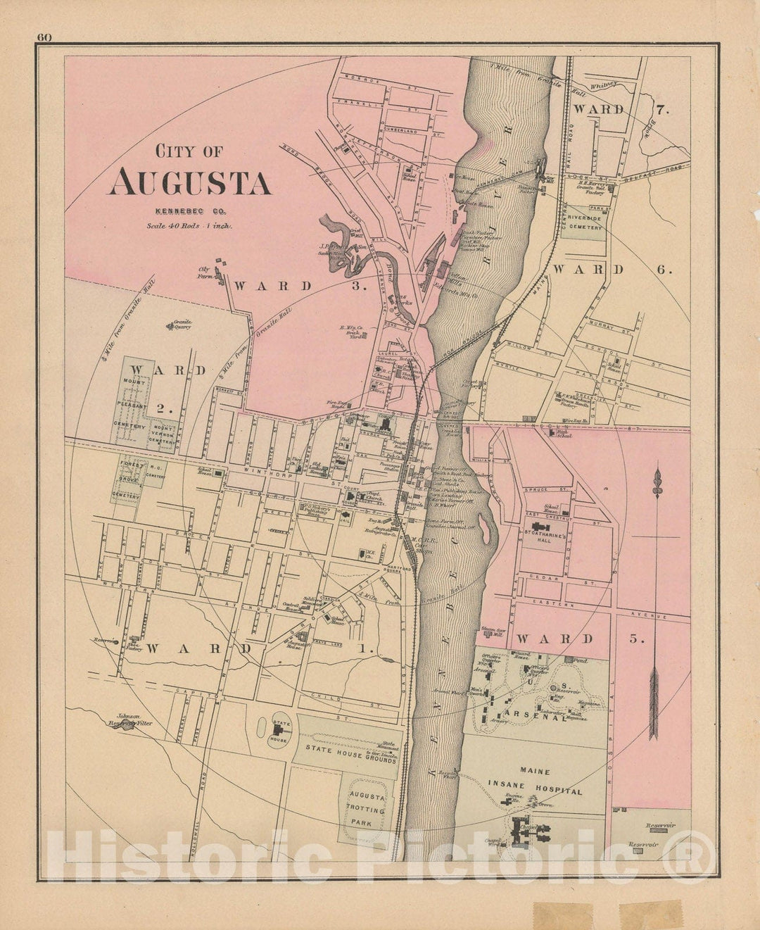 Historic Map : Atlas of Maine, Augusta 1885 , Vintage Wall Art