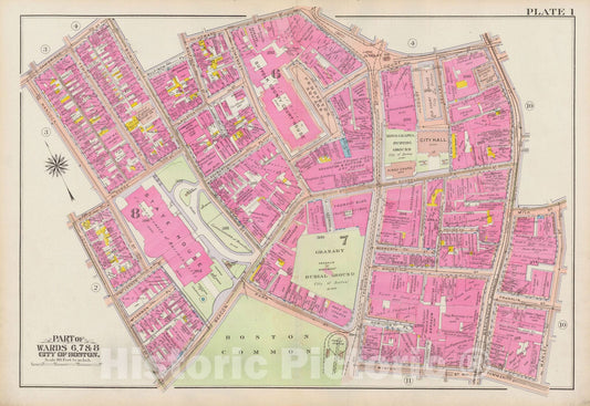 Historic Map : Atlas City of Boston: Boston Proper and Back Bay, Boston 1908 Plate 001 , Vintage Wall Art