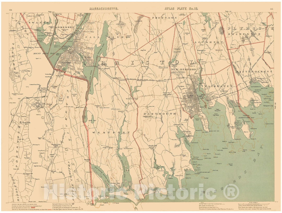 Historic Map : Atlas of Massachusetts, Dartmouth & Fairhaven & Fall River & Mattapoisett & New Bedford & Westport 1891 Plate 013 , Vintage Wall Art
