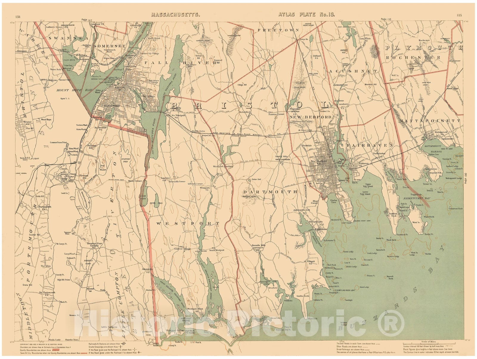 Historic Map : Atlas of Massachusetts, Dartmouth & Fairhaven & Fall River & Mattapoisett & New Bedford & Westport 1891 Plate 013 , Vintage Wall Art