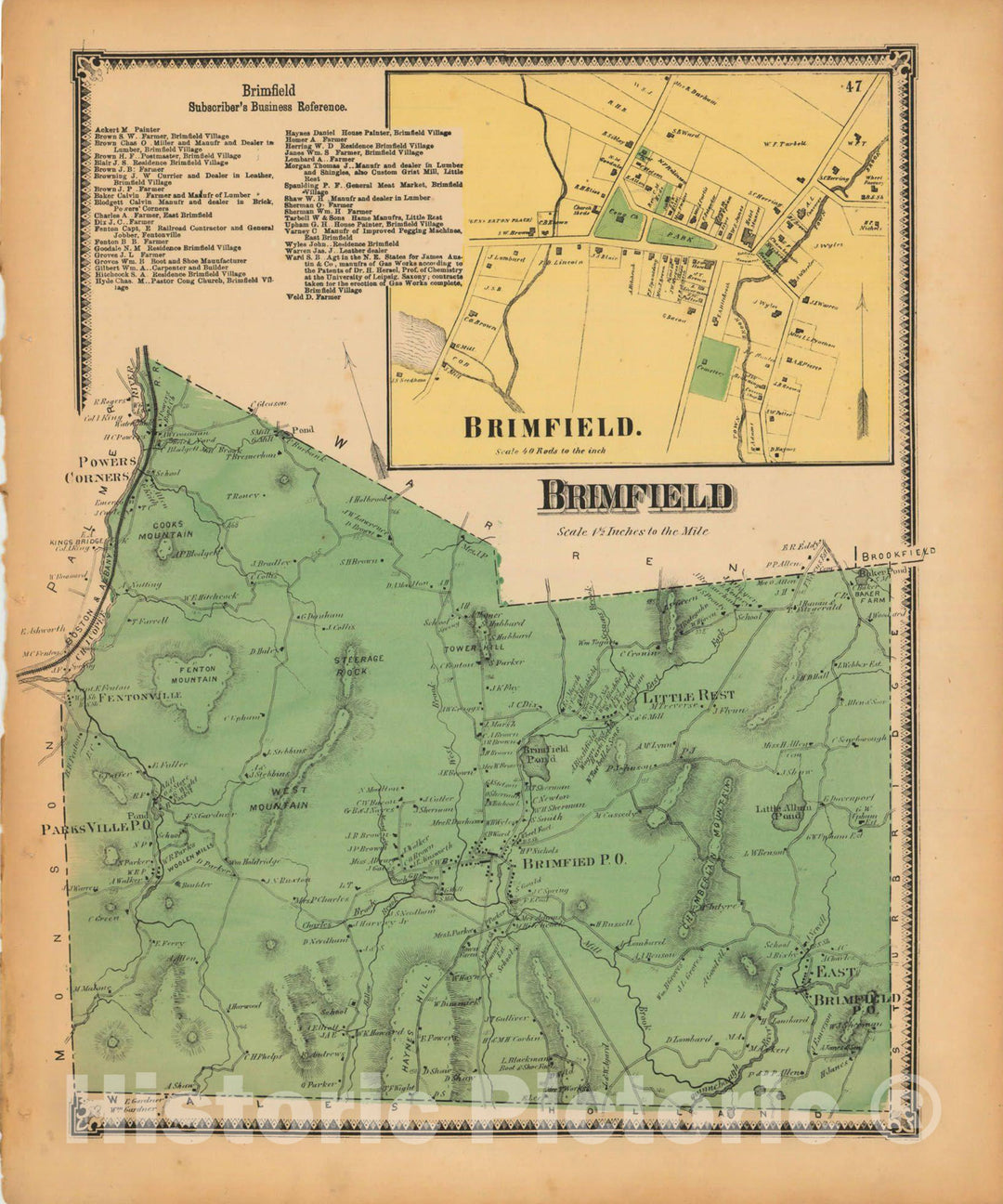Historic Map : Atlas of Hampden County Massachusetts, Brimfield 1870 , Vintage Wall Art