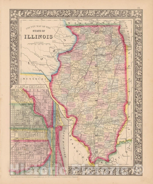 Historic Map : Illinois 1864 , New General (World) Atlas , Vintage Wall Art