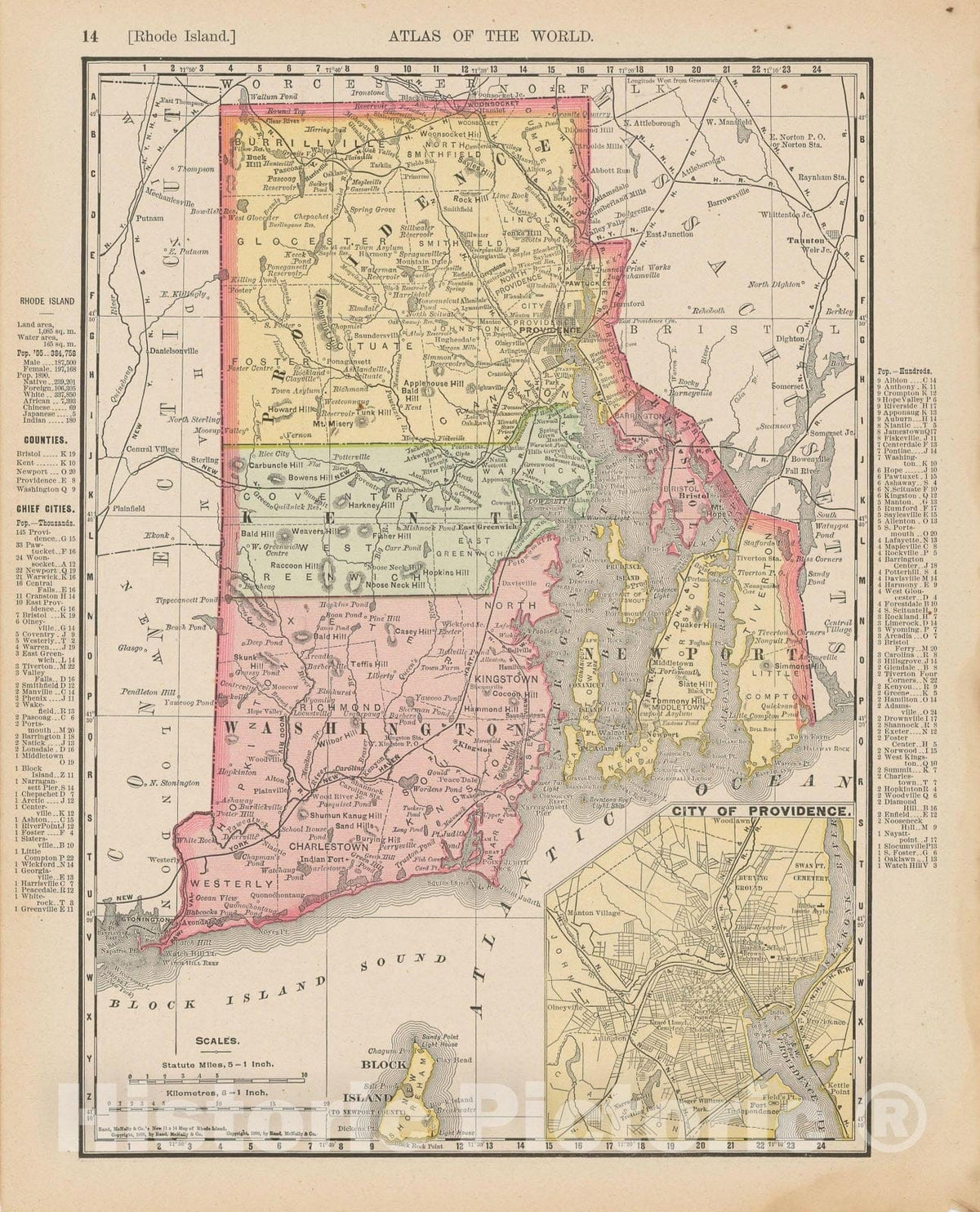 Historic Map : Rhode Island 1900 , Universal Atlas World , Vintage Wall Art