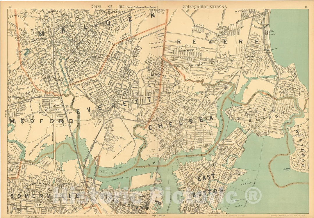 Historic Map : Atlas of Massachusetts, Charlestown & Chelsea & East Boston & Everett & Malden & Revere 1904 , Vintage Wall Art