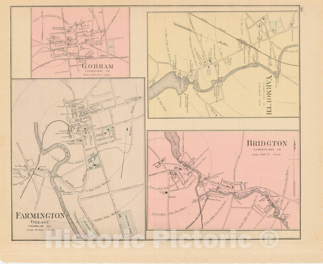 Historic Map : Atlas of Maine, Bridgton & Farmington & Gorham & Yarmouth 1885 , Vintage Wall Art