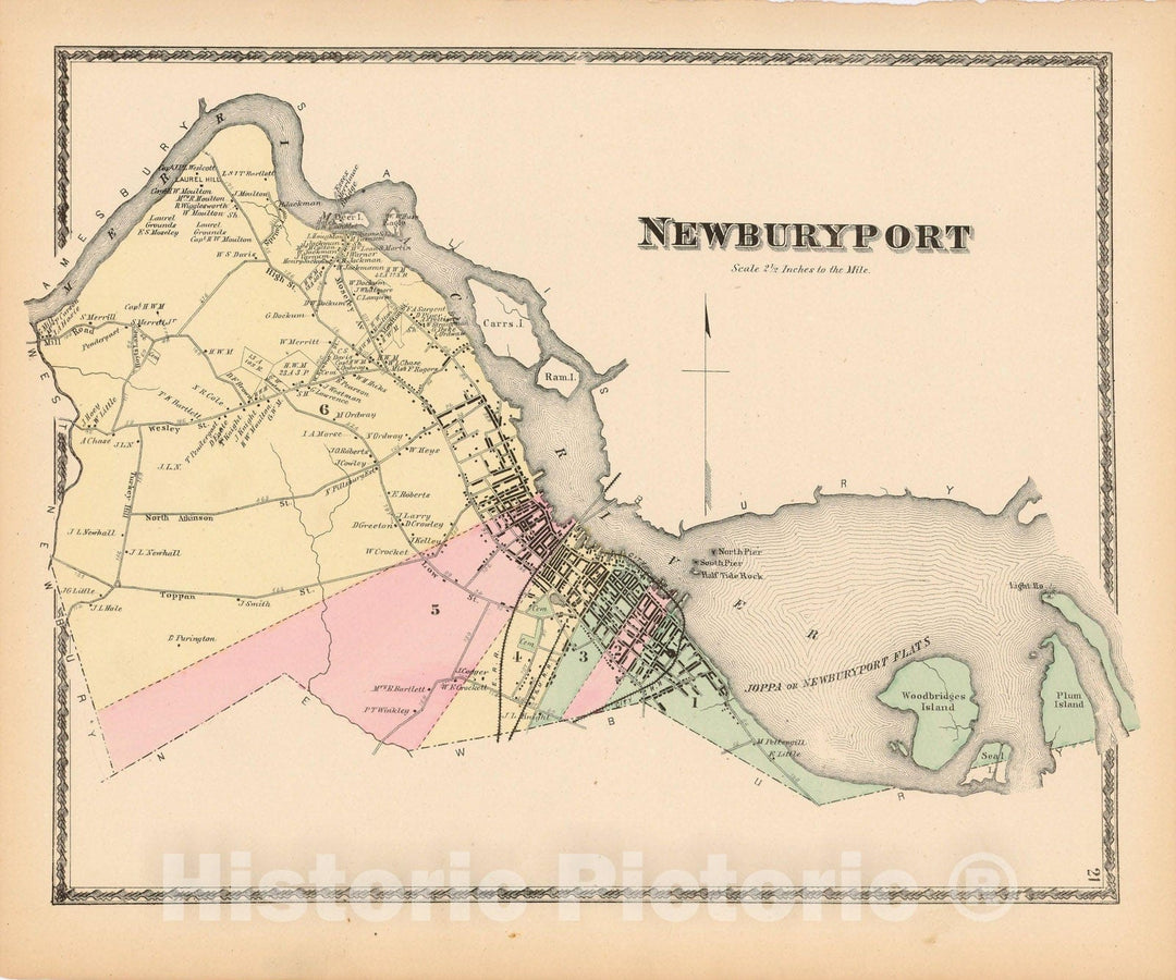 Historic Map : Atlas of Essex County Massachusetts, Newburyport 1872 , Vintage Wall Art