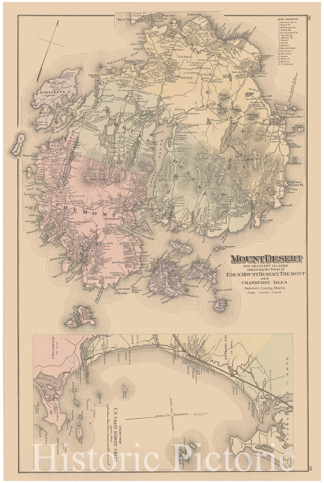 Historic Map : Atlas of Maine, Mount Desert Island 1885 , Vintage Wall Art
