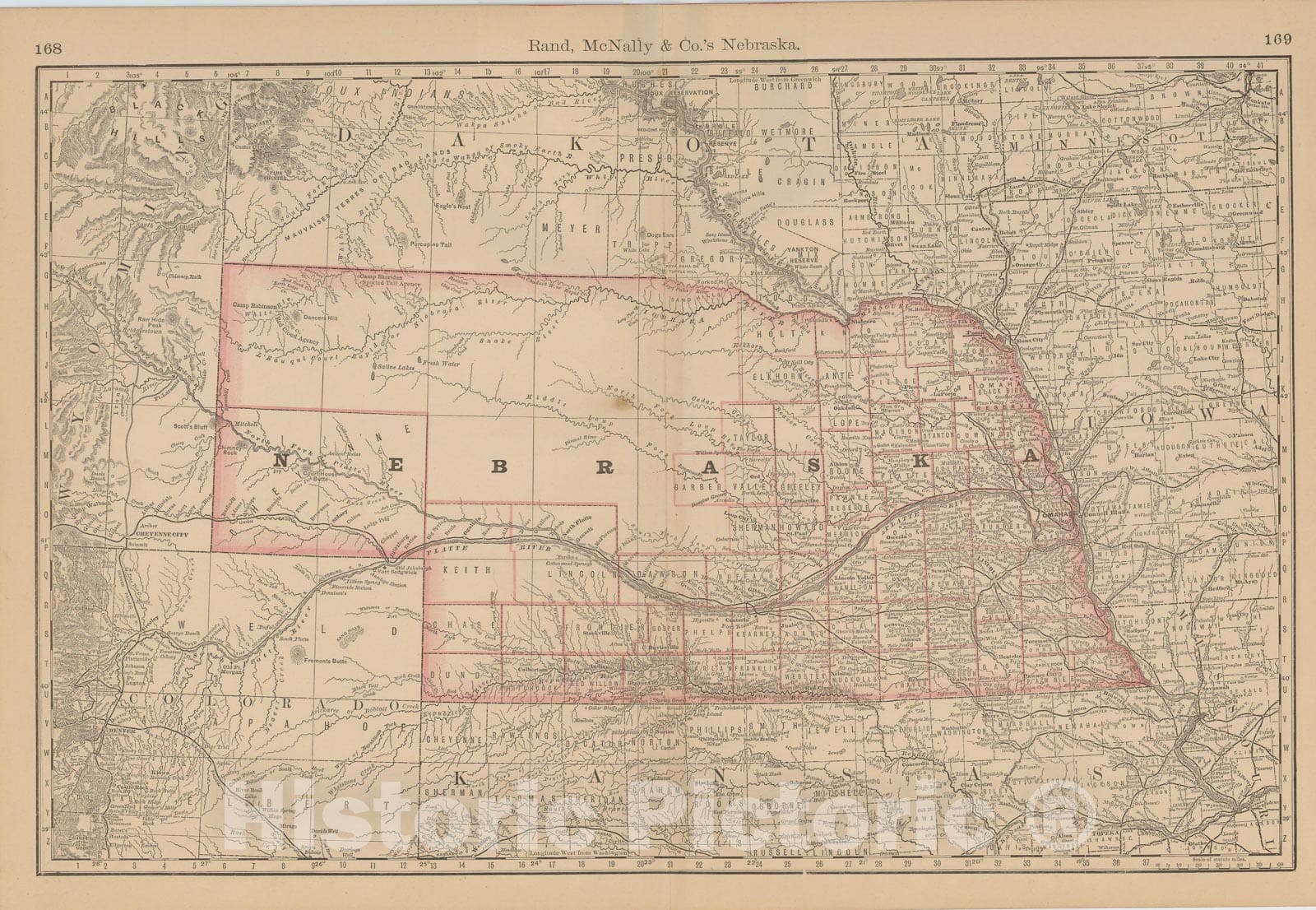 Historic Map : Nebraska 1877 , Business Atlas of the USA , Vintage Wall Art