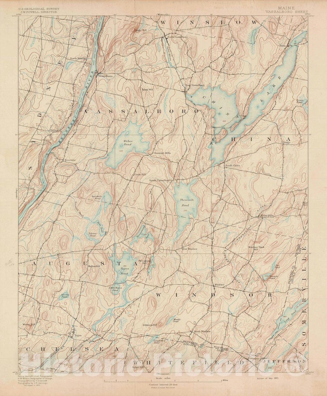 Historic Map : Atlas of Maine 1905, Togus & Vassalboro 1905 Topographic Map , Vintage Wall Art
