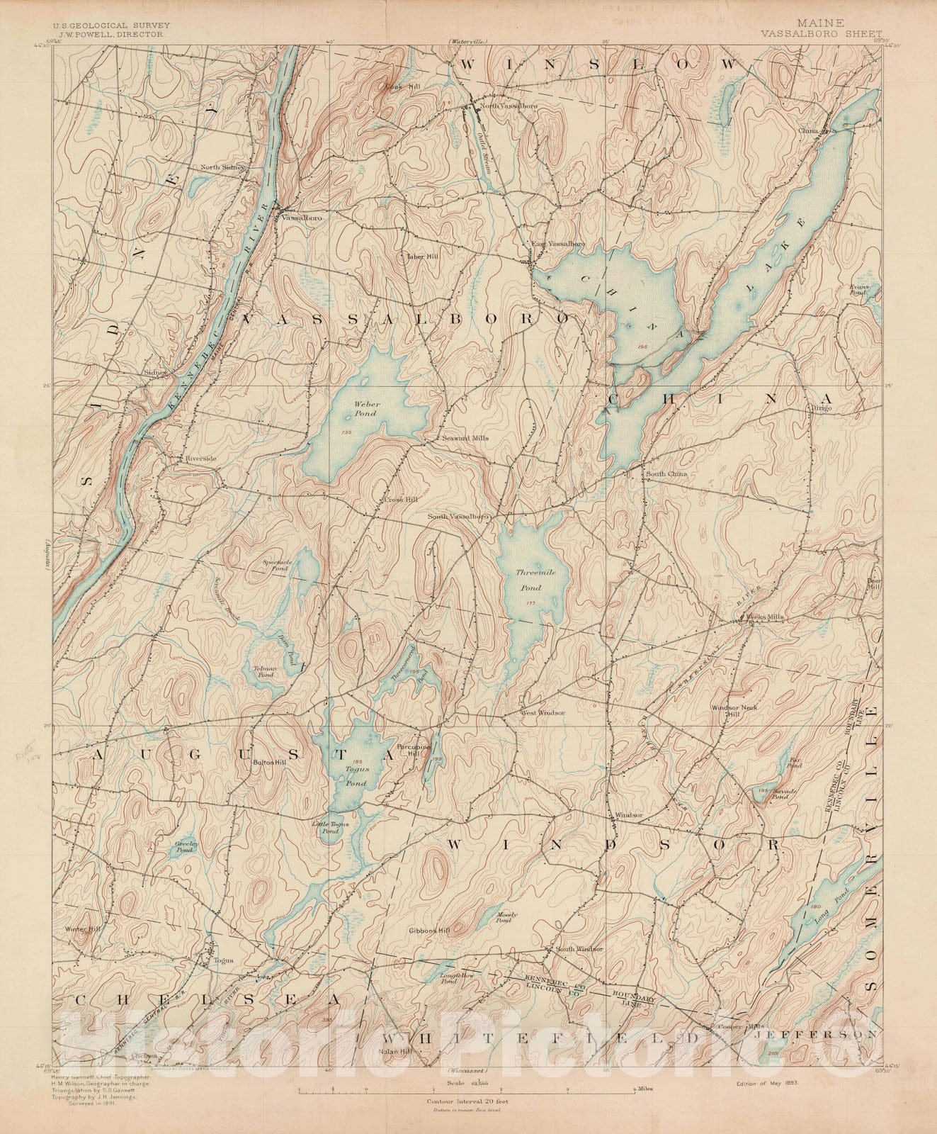 Historic Map : Atlas of Maine 1905, Togus & Vassalboro 1905 Topographic Map , Vintage Wall Art