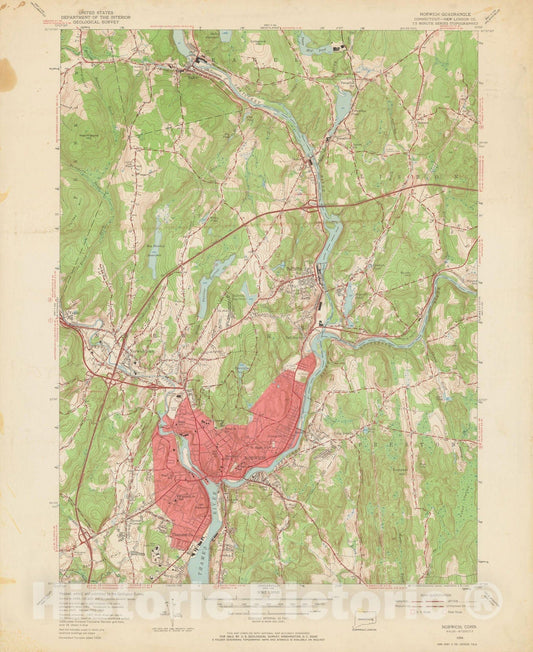 Historic Map : USGS 7.5 Minute Sheets and Quadrangles, Norwich 1956 Topographic Map , Vintage Wall Art