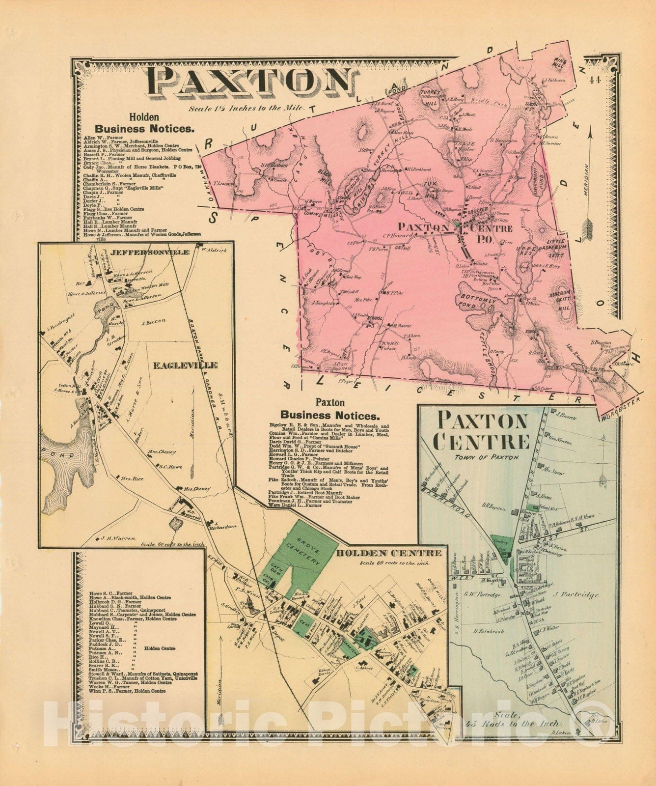 Historic Map : Atlas of Worcester County, Massachsuetts, Paxton 1870 , Vintage Wall Art