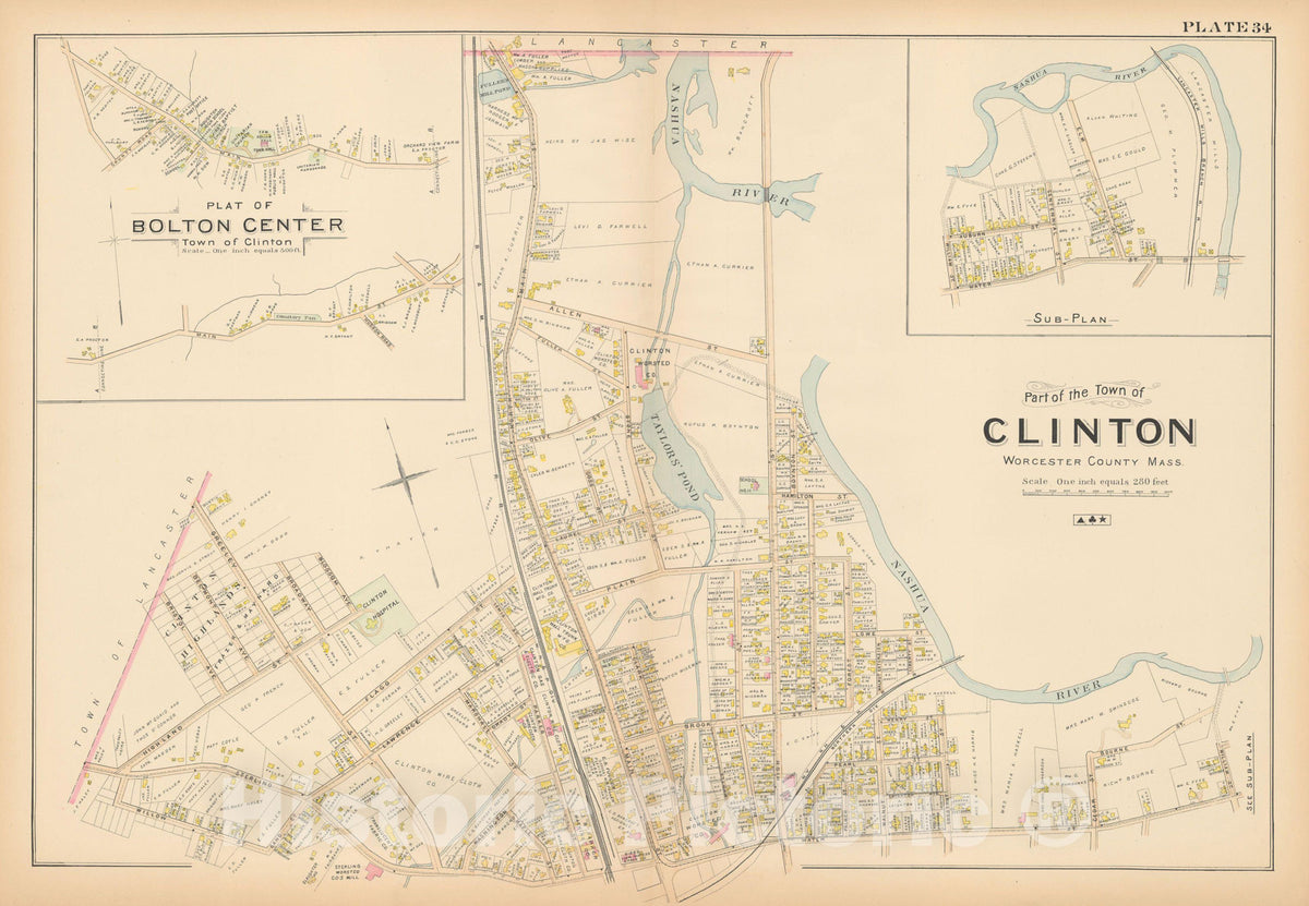 Historic Map : New Topo Atlas County of Worcester, Bolton & Clinton 1898 Plate 034 , Vintage Wall Art