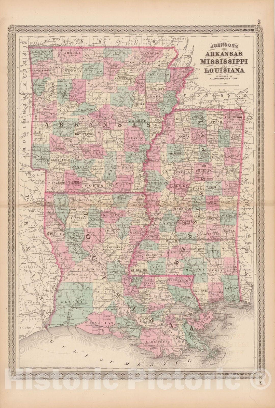 Historic Map : Arkansas & Louisiana & Mississippi 1873 , Family Atlas World , Vintage Wall Art