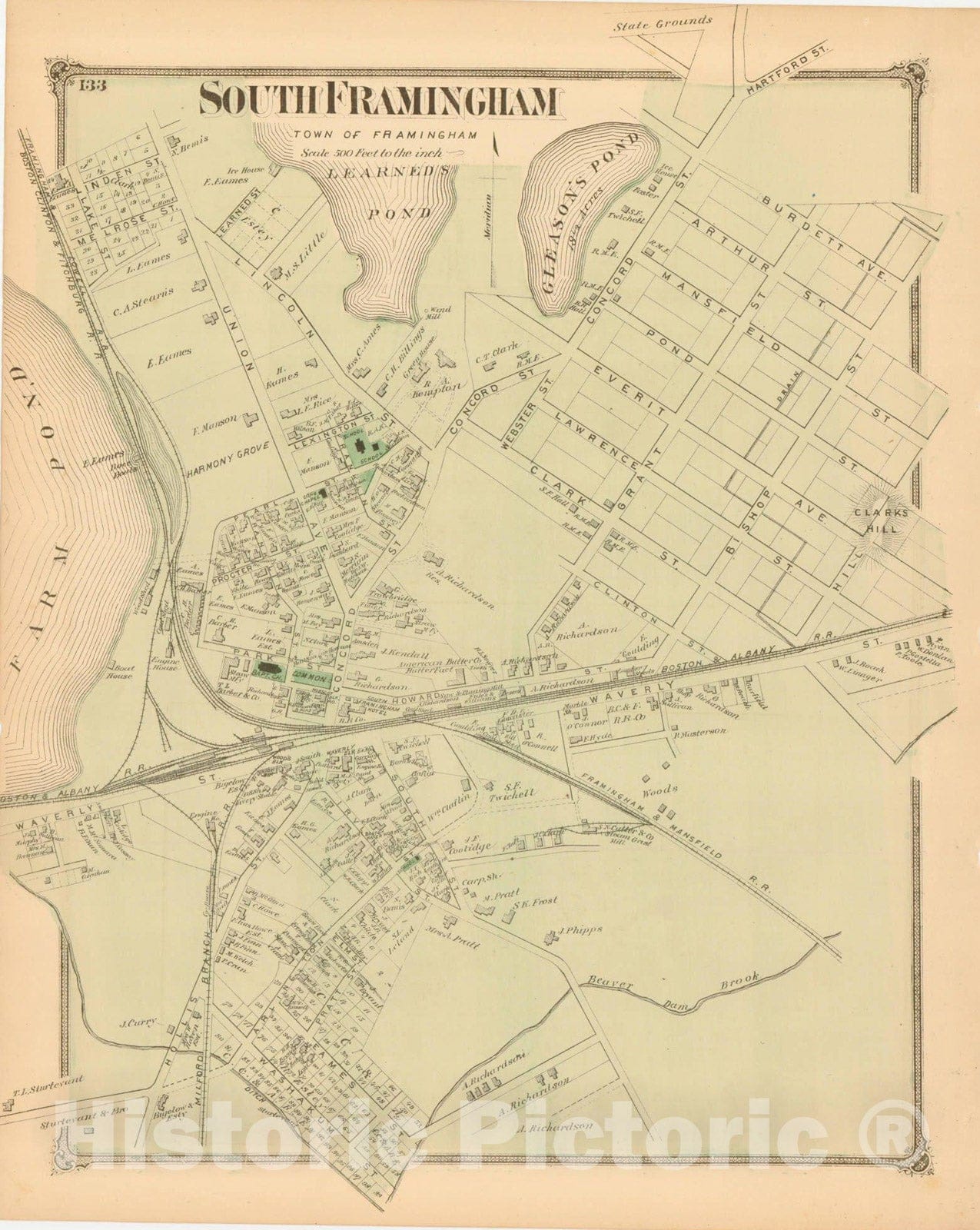 Historic Map : County Atlas of Middlesex Massachusetts, South Framingham 1875 , Vintage Wall Art