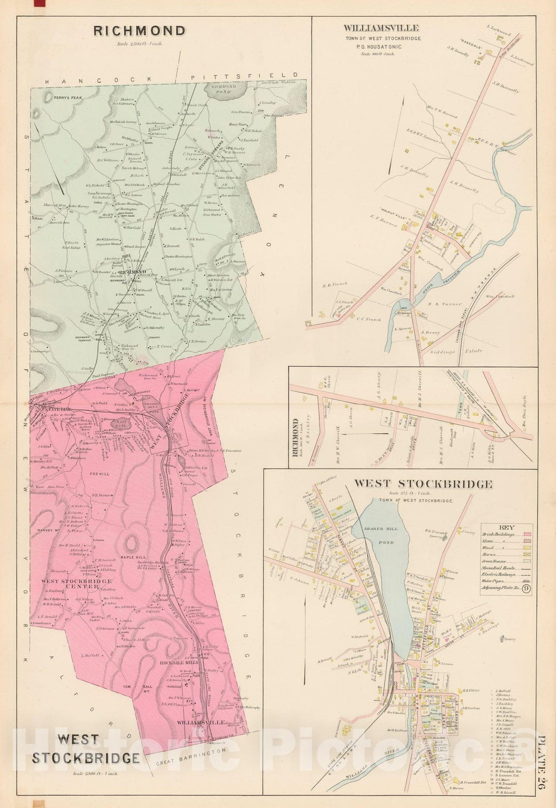 Historic Map : Atlas of Berkshire County Massachusetts, Richmond & Stockbridge & West Stockbridge 1904 Plate 026 , Vintage Wall Art