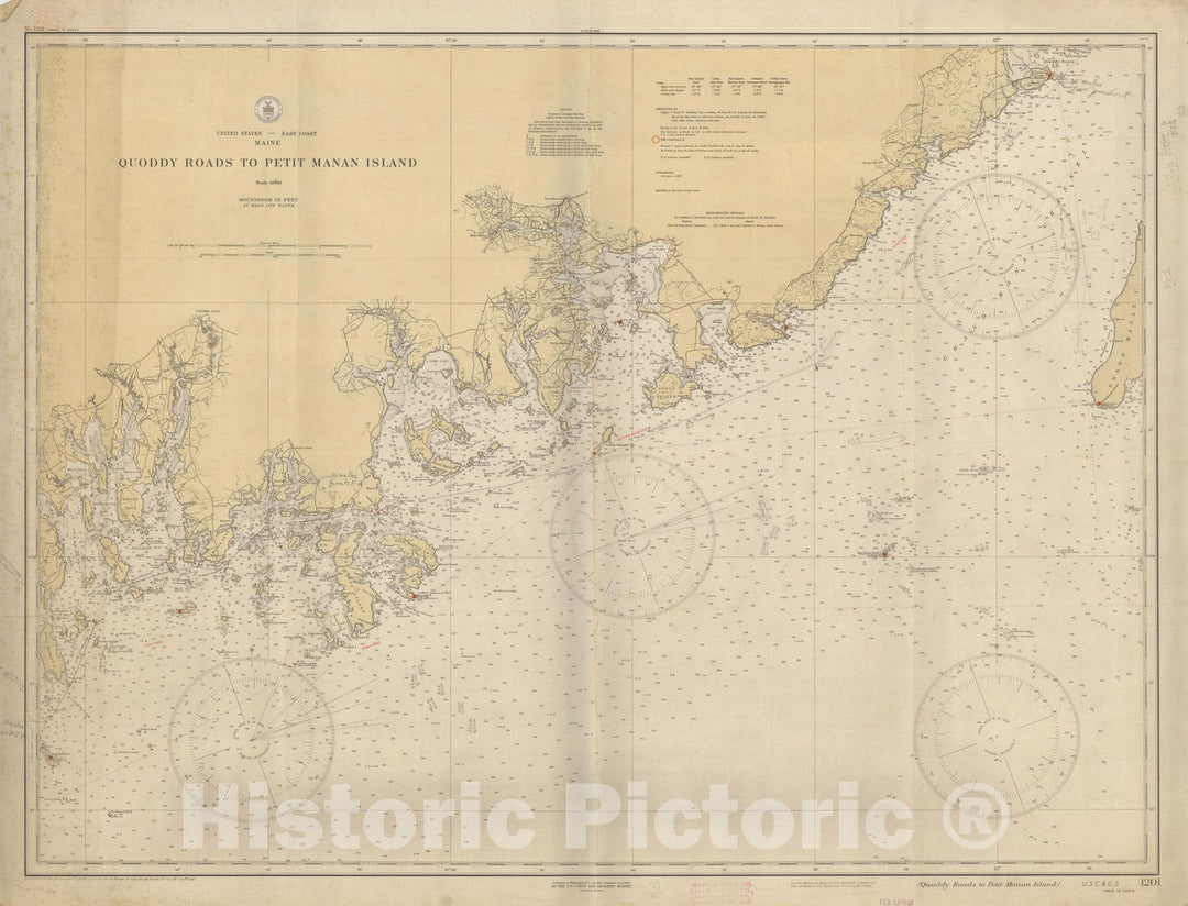 Historic Map : Coastal Charts - Maine: Quoddy Roads to Petit Manan Is. 1937 , Vintage Wall Art