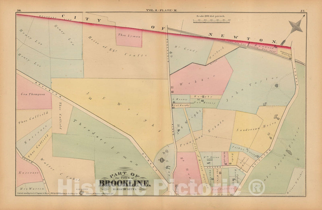 Historic Map : Atlas Town of Brookline, Brookline 1874 Plate M , Vintage Wall Art