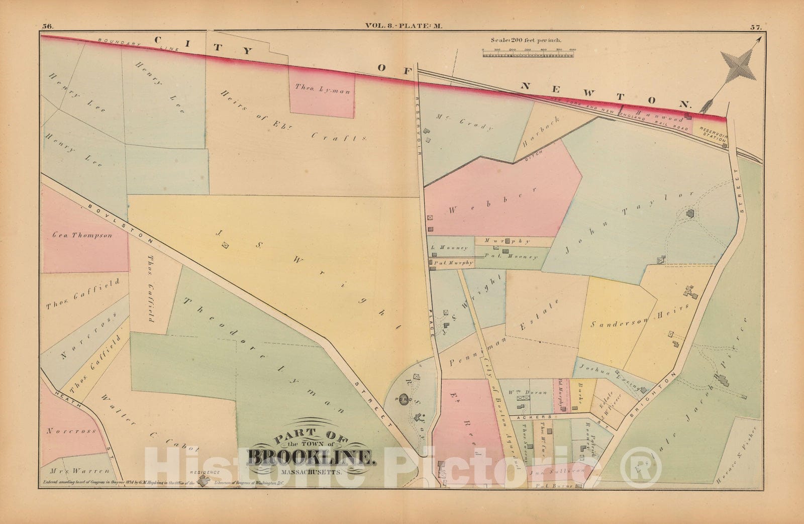 Historic Map : Atlas Town of Brookline, Brookline 1874 Plate M , Vintage Wall Art
