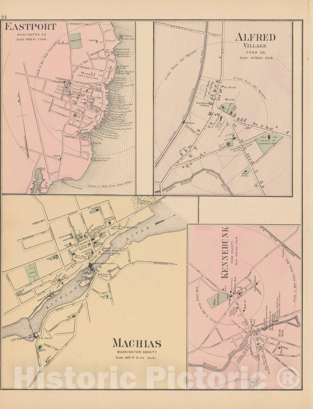 Historic Map : Atlas of Maine, Alfred & Eastport & Kennebunk & Machias 1885 , Vintage Wall Art
