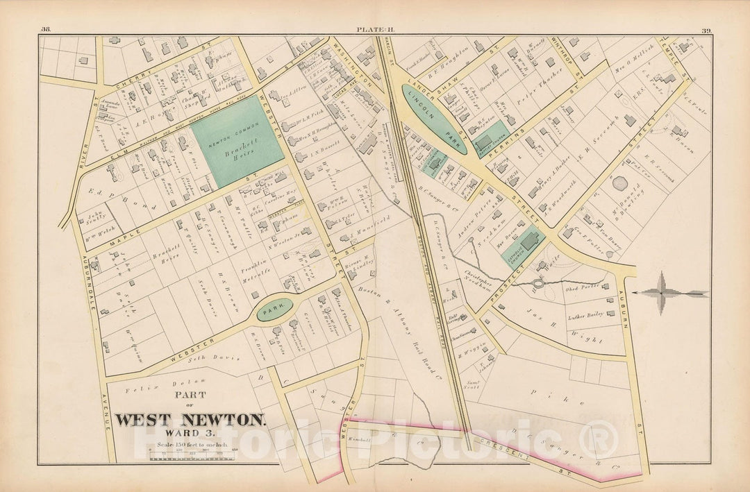 Historic Map : City of Newton, Middlesex County, Newton 1874 Plate H , Vintage Wall Art